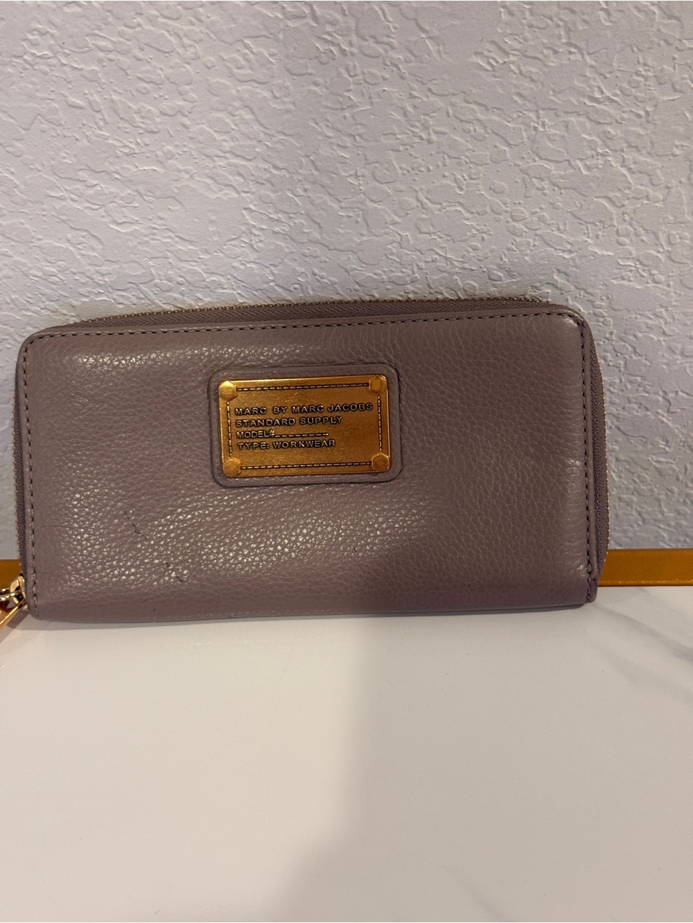 Marc by Marc Jacobs Pebbled‎ Taupe Leather Zip Wallet with Gold Plaque